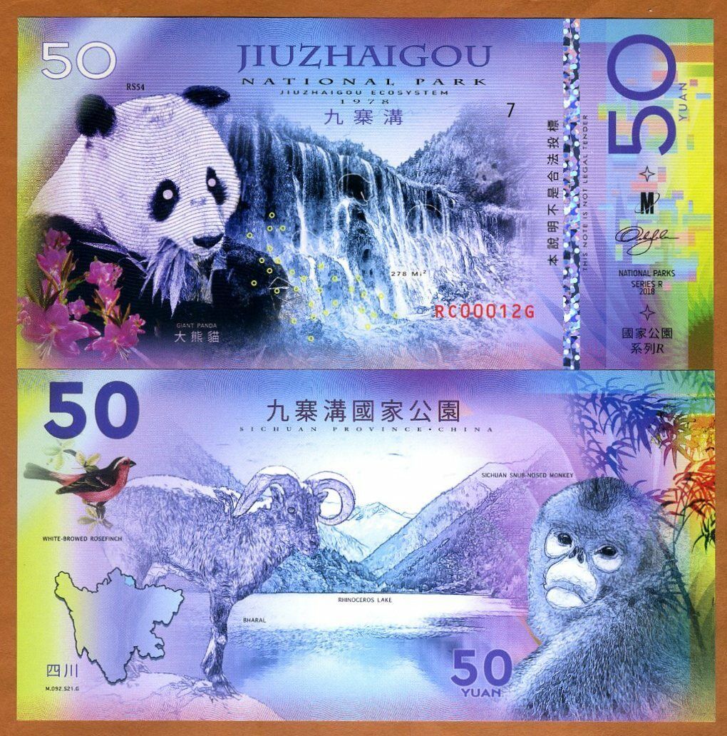 China, Jiuzhaigou National Park, 50 Yuan, Polymer, 2018 > Panda, Monkey