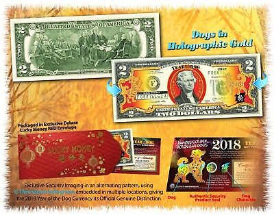 2018 Chinese New Year U.S. Genuine $2 Bill YEAR OF THE DOG Gold Hologram - Red