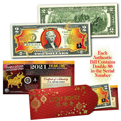 2021 Chinese New Year U.S. Genuine $2 Bill YEAR OF THE OX Gold Hologram - Red